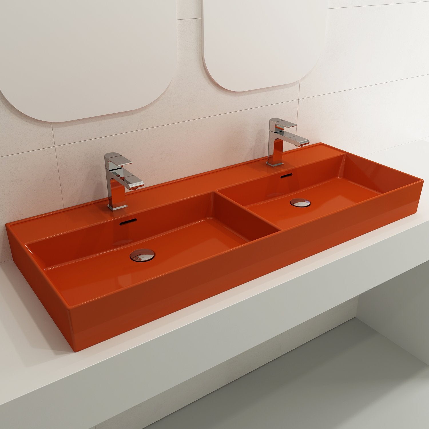 Milano Wall-Mounted Sink Fireclay  47.75 in. Double Bowl for Two 1-Hole Faucets with Overflows 1393