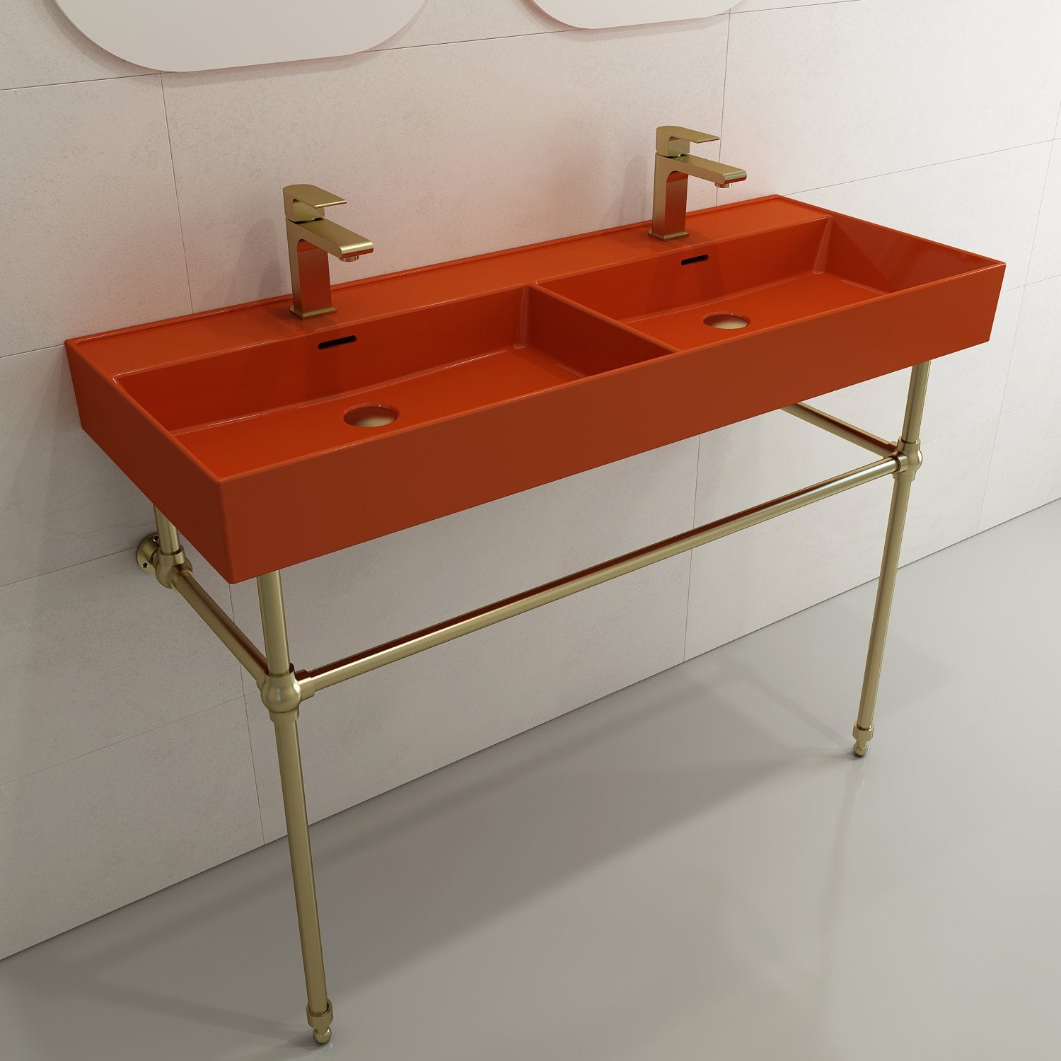 Milano Wall-Mounted Sink Fireclay  47.75 in. Double Bowl for Two 1-Hole Faucets with Overflows 1393