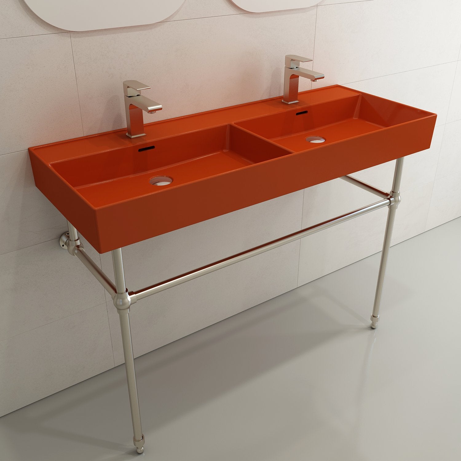 Milano Wall-Mounted Sink Fireclay  47.75 in. Double Bowl for Two 1-Hole Faucets with Overflows 1393