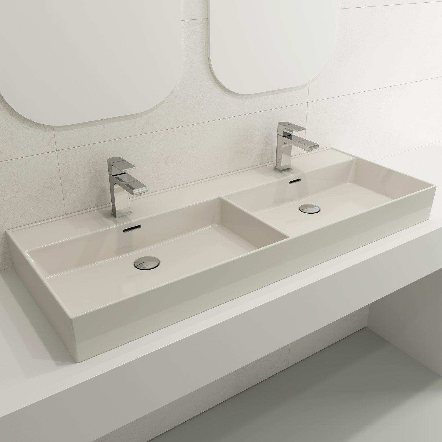 Milano Wall-Mounted Sink Fireclay  47.75 in. Double Bowl for Two 1-Hole Faucets with Overflows 1393