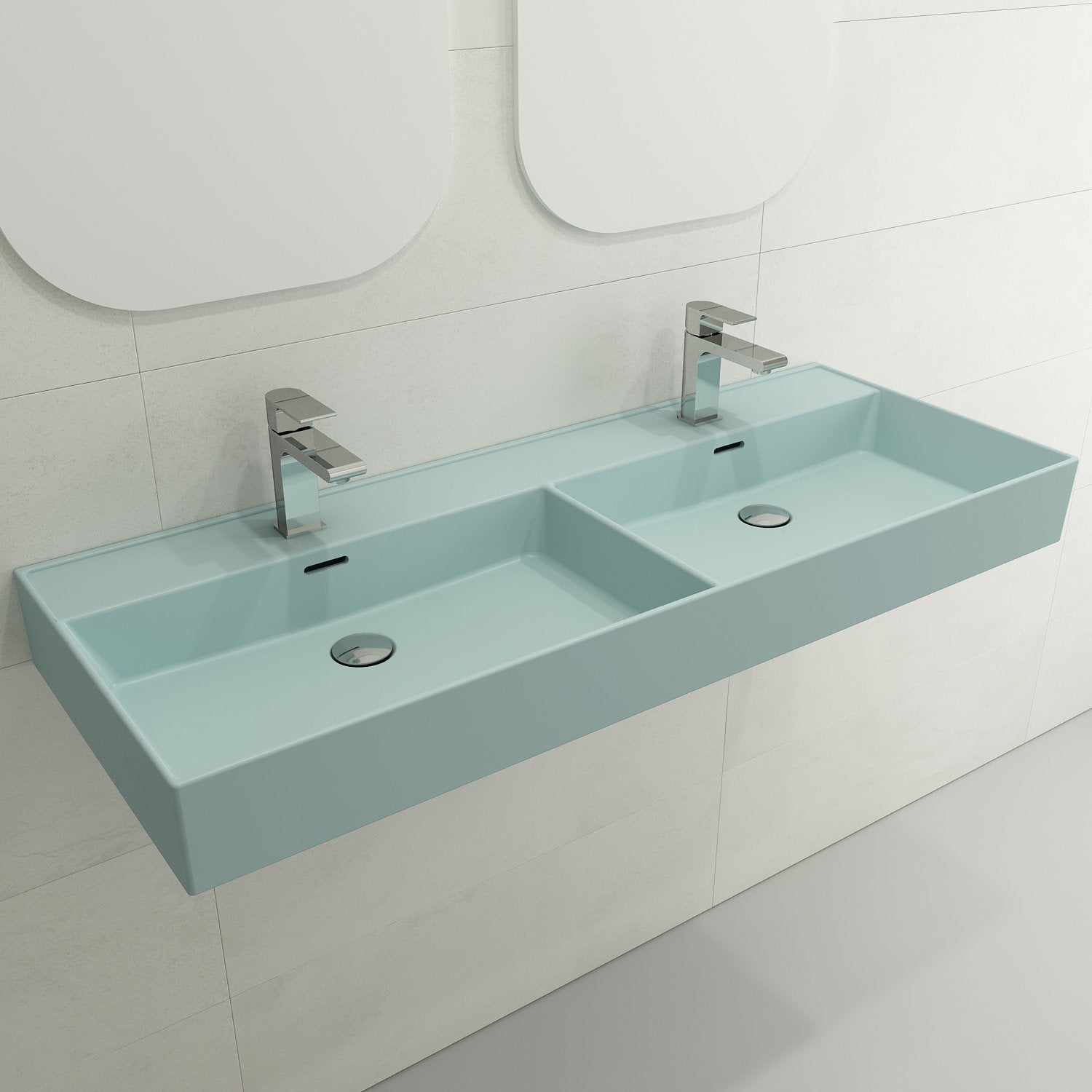 Milano Wall-Mounted Sink Fireclay  47.75 in. Double Bowl for Two 1-Hole Faucets with Overflows 1393