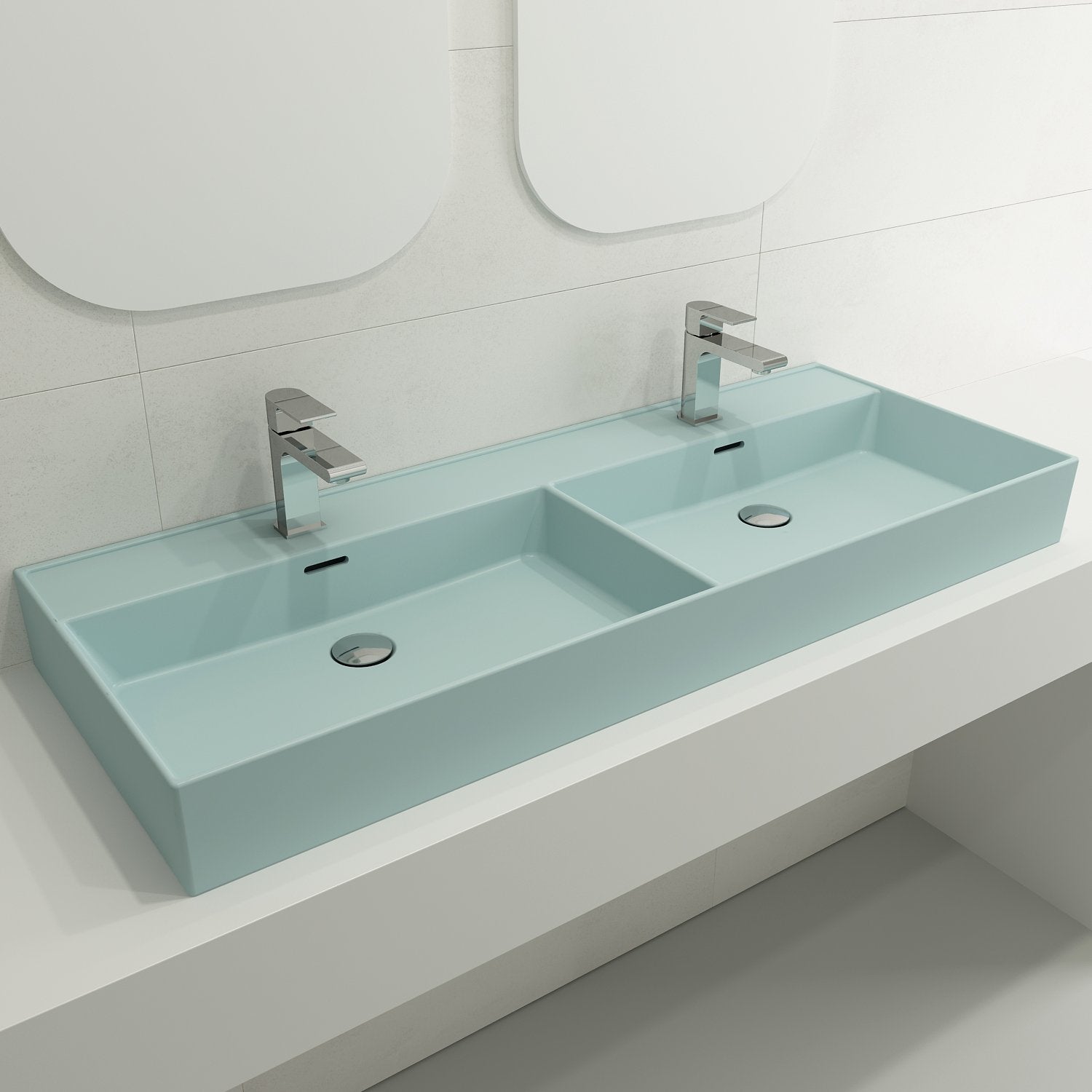 Milano Wall-Mounted Sink Fireclay  47.75 in. Double Bowl for Two 1-Hole Faucets with Overflows 1393