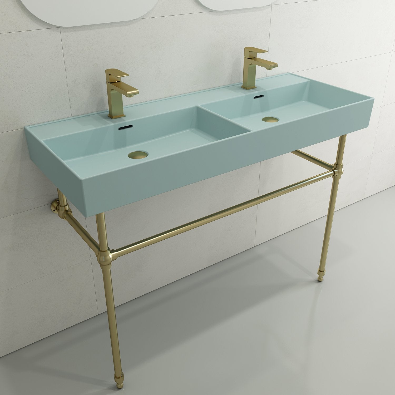Milano Wall-Mounted Sink Fireclay  47.75 in. Double Bowl for Two 1-Hole Faucets with Overflows 1393