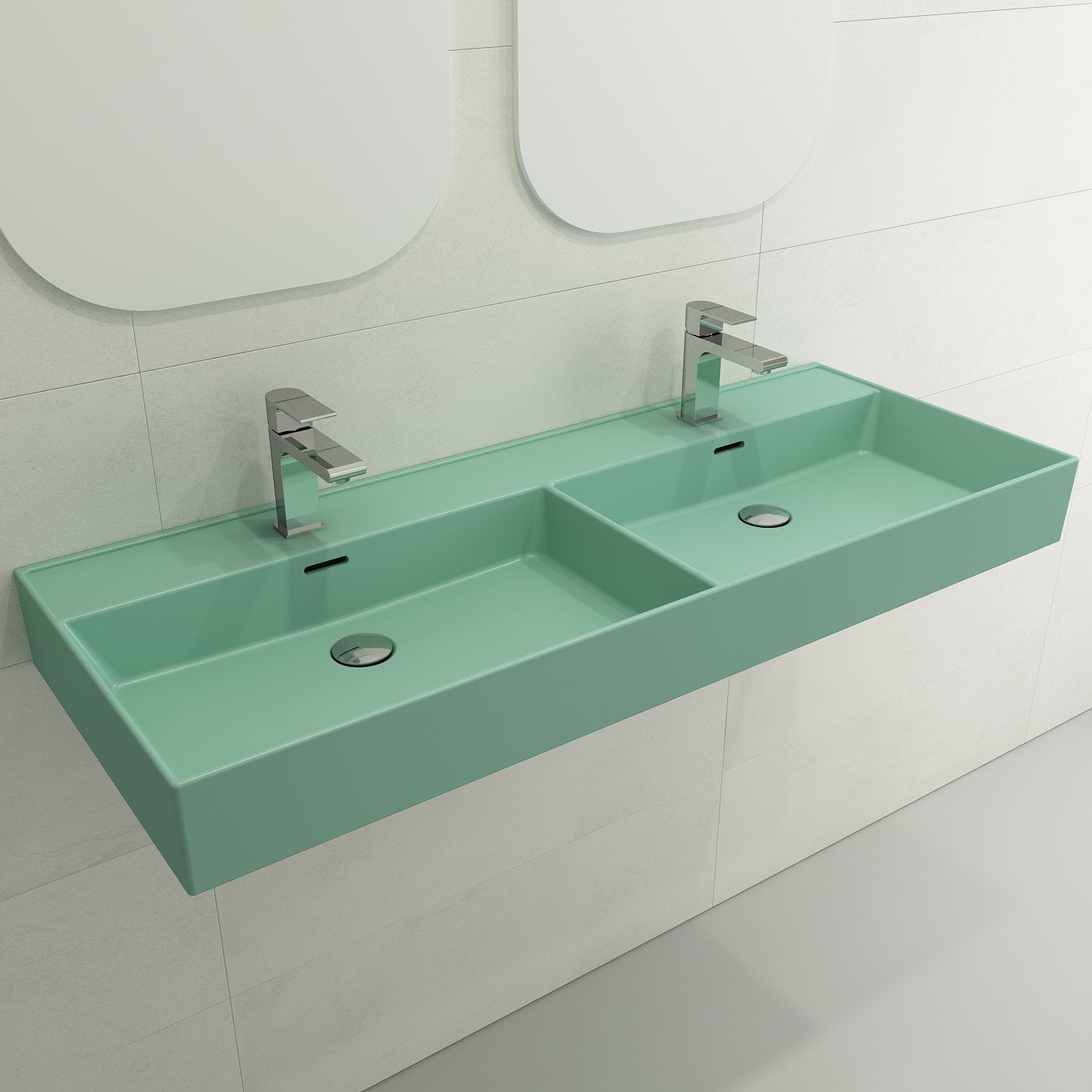 Milano Wall-Mounted Sink Fireclay  47.75 in. Double Bowl for Two 1-Hole Faucets with Overflows 1393