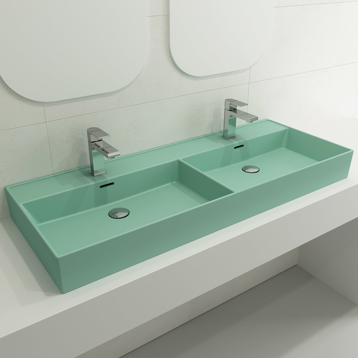 Milano Wall-Mounted Sink Fireclay  47.75 in. Double Bowl for Two 1-Hole Faucets with Overflows 1393