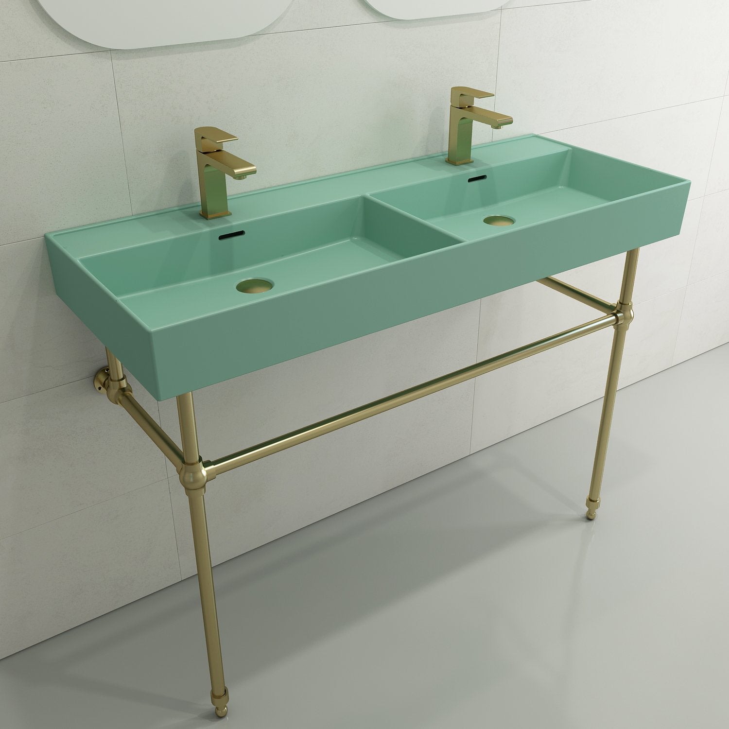 Milano Wall-Mounted Sink Fireclay  47.75 in. Double Bowl for Two 1-Hole Faucets with Overflows 1393