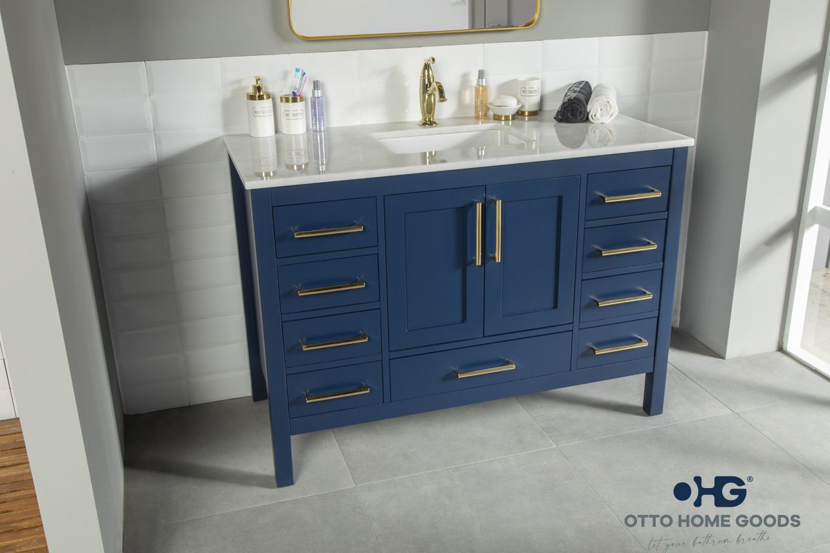 Ashley 48" Navy Blue Bathroom Vanity with Quartz Top & Gold Hardware