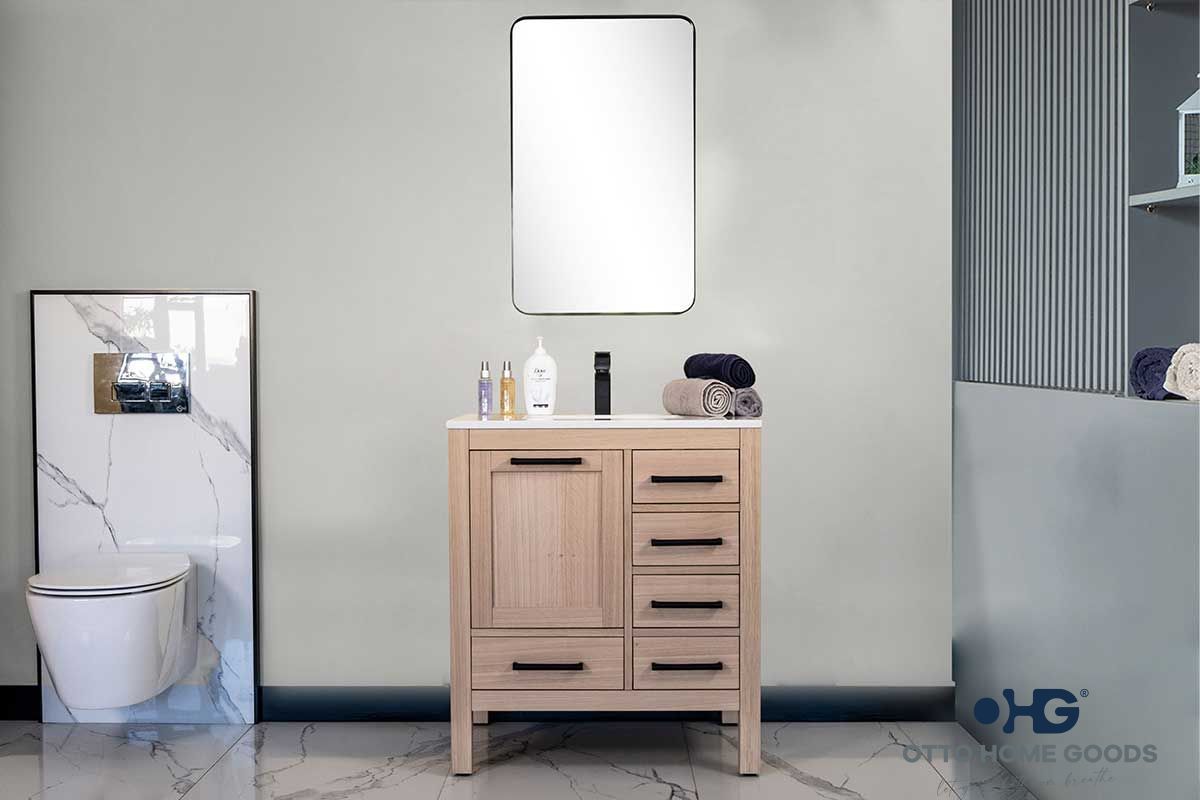 Ashley 30" Natural Oak Bathroom Vanity with Quartz Top & Black Hardware