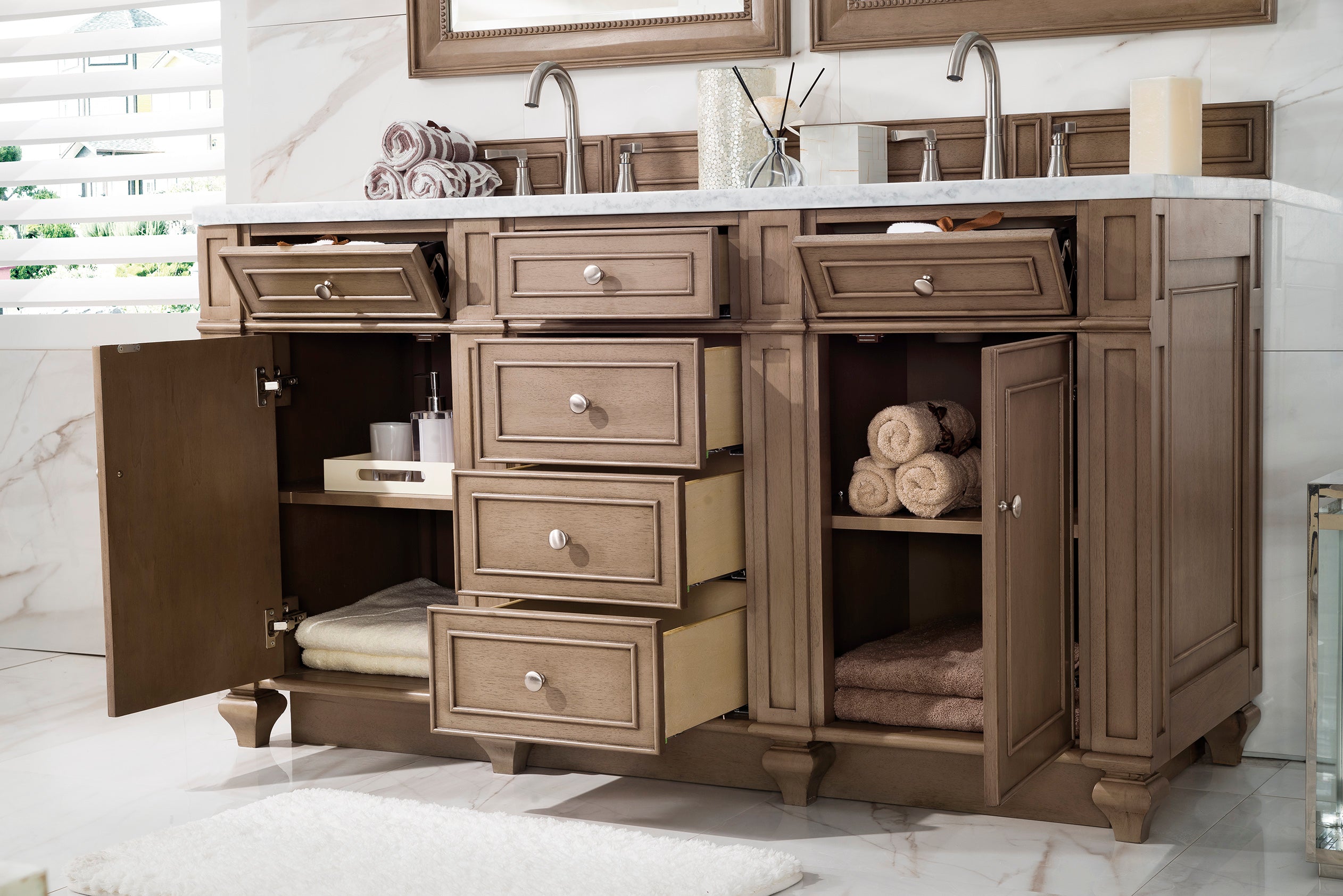 James Martin Bristol 60" Double Vanity in Whitewashed Walnut with 3cm Countertop