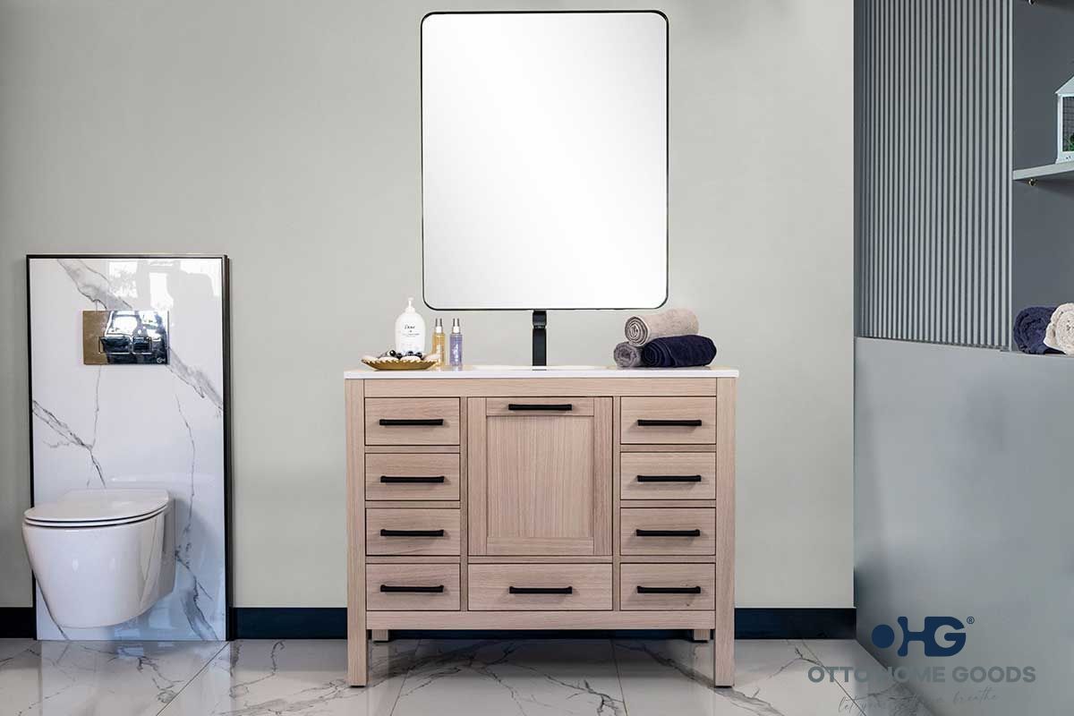 Ashley 42" Natural Oak Bathroom Vanity with Quartz Top & Black Hardware