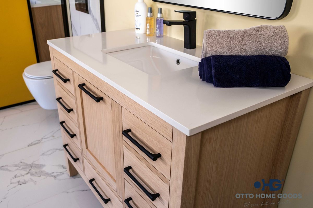 Ashley 42" Natural Oak Bathroom Vanity with Quartz Top & Black Hardware