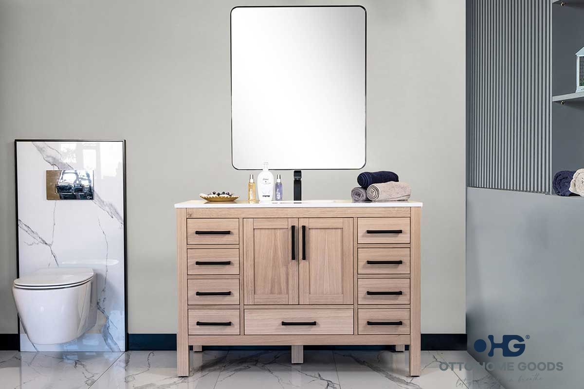 Ashley 48" Natural Oak Bathroom Vanity with Quartz Top & Black Hardware