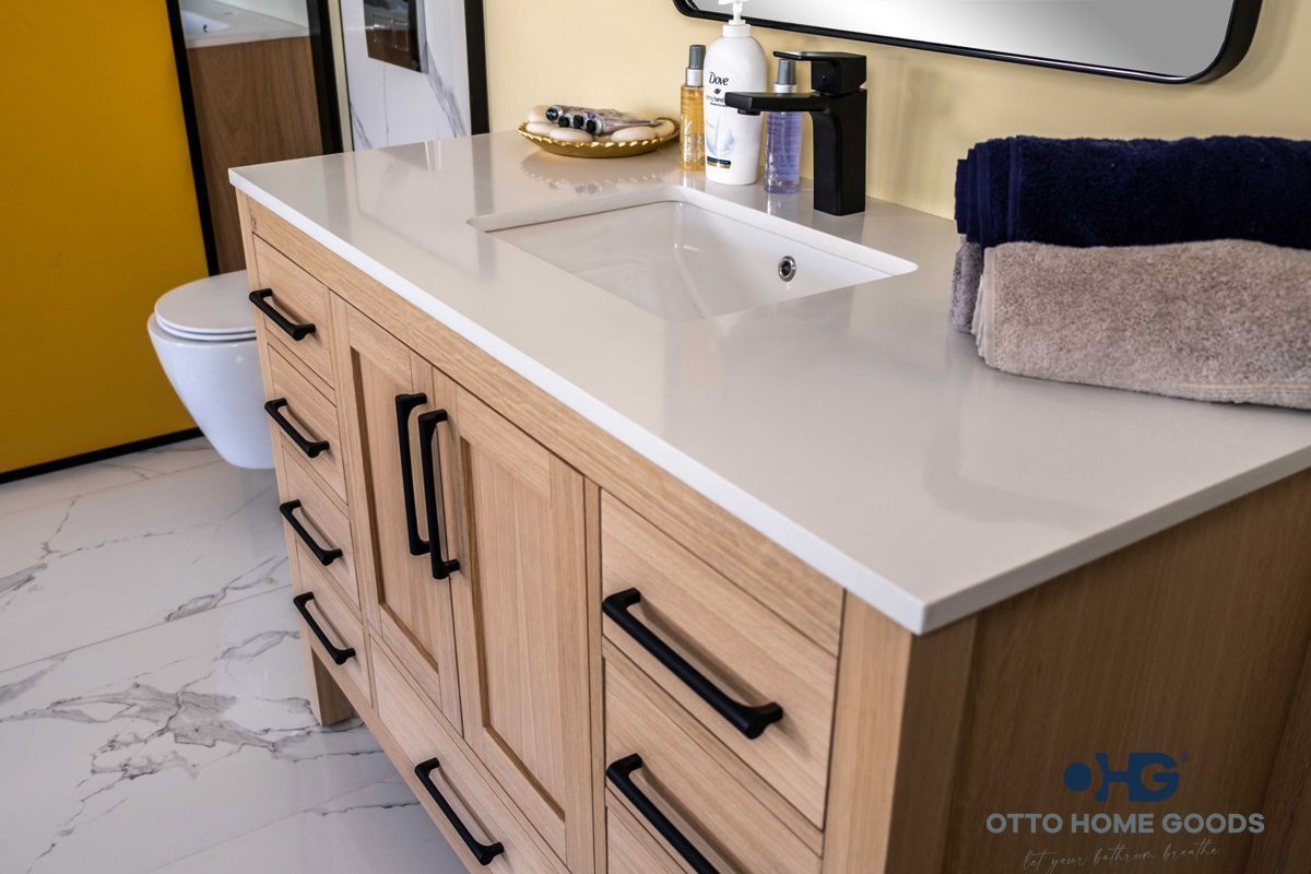 Ashley 48" Natural Oak Bathroom Vanity with Quartz Top & Black Hardware