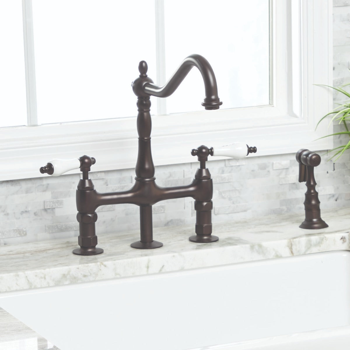 MAIDSTONE Adriana Bridge Kitchen Faucet - Porcelain Lever Handles
