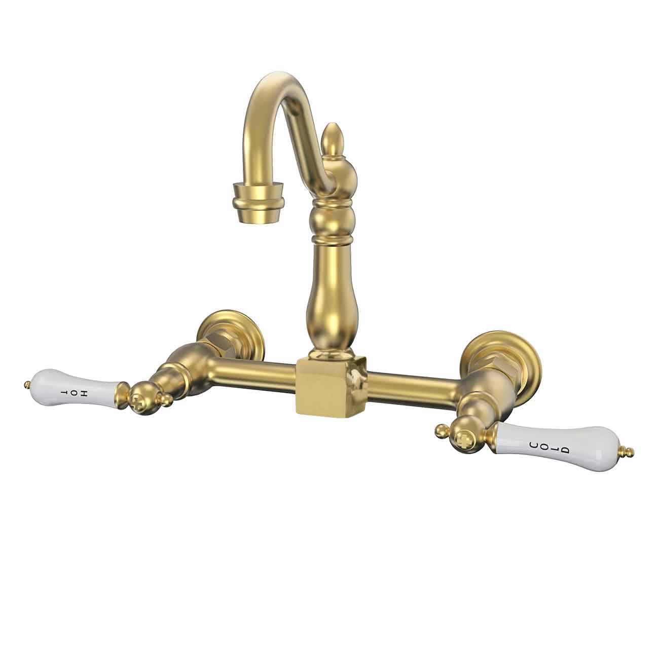 MAIDSTONE Wall Mounted Bridge Kitchen Faucet with Porcelain Lever Handles - 7 Inch Spout Reach