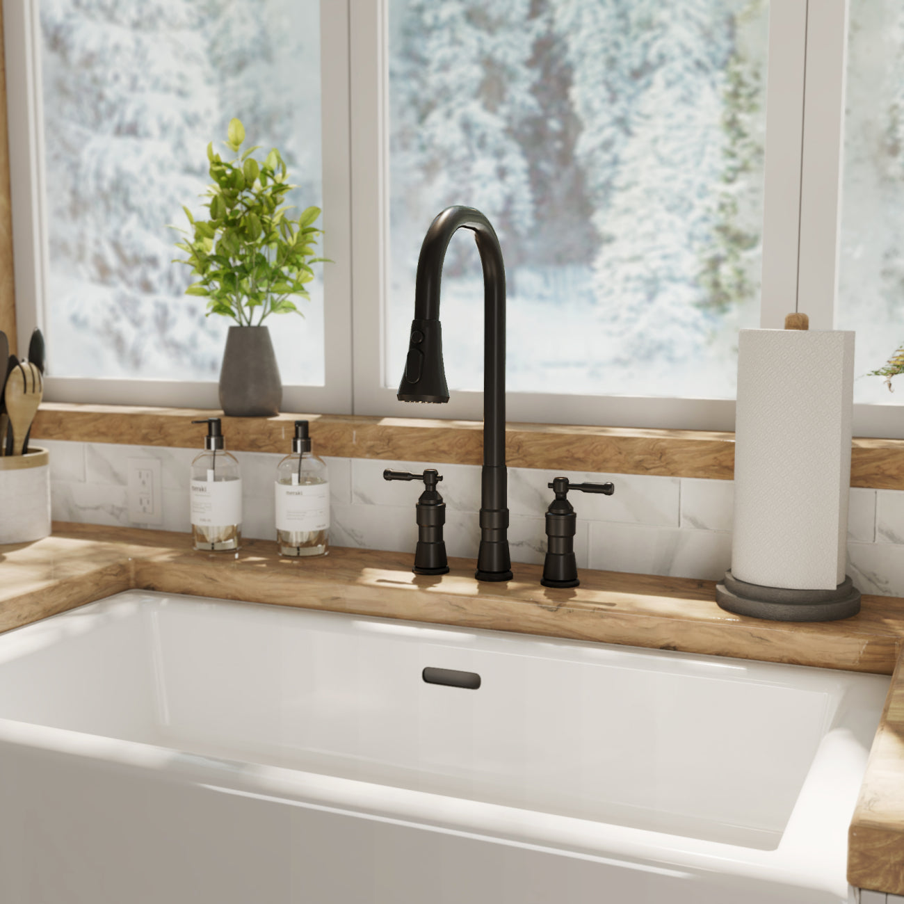 MAIDSTONE Widespread Kitchen Faucet With Pull Down Spring Spout