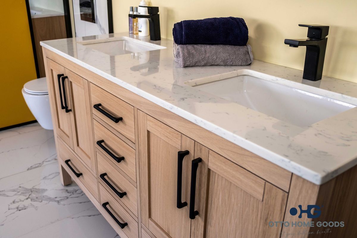 Ashley 60" Natural Oak Double Sink Bathroom Vanity with Quartz Top & Black Hardware