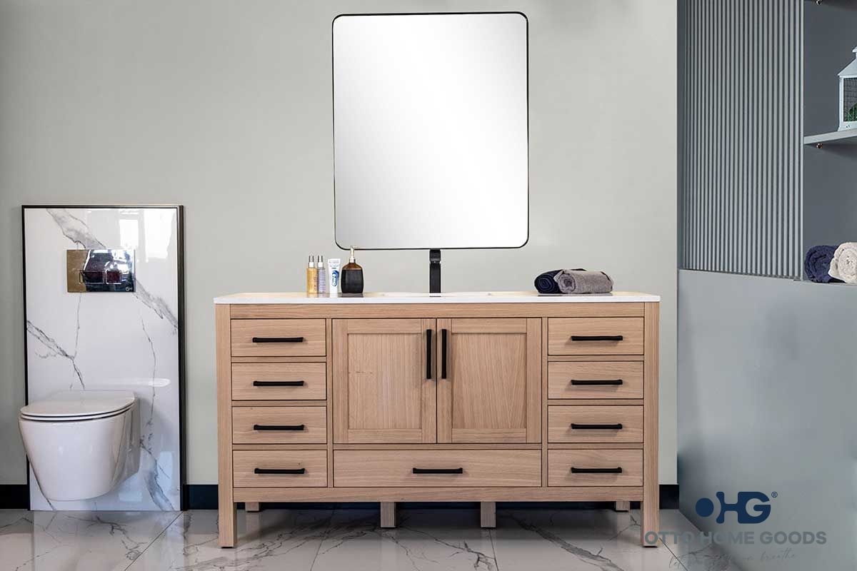 Ashley 60" Natural Oak Single Bowl Bathroom Vanity with Quartz Top & Black Hardware
