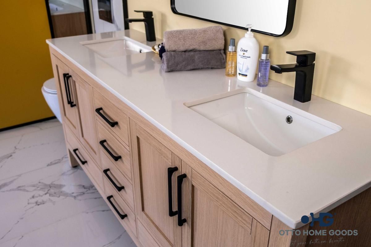 Ashley 72" Natural Oak Double Bathroom Vanity with Quartz Top & Black Hardware