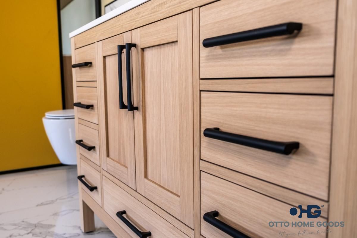 Ashley 72" Natural Oak Double Bathroom Vanity with Quartz Top & Black Hardware