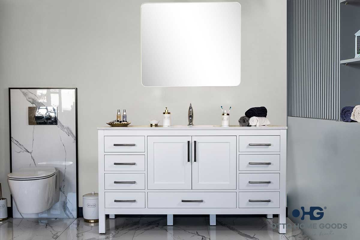 Ashley 60" White Single Bathroom Vanity with Quartz Top & Brushed Nickel Hardware