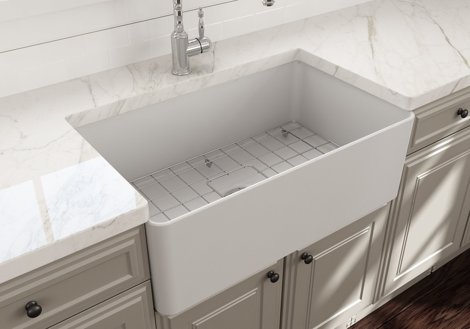 Aderci Ultra-Slim Farmhouse Apron Front Fireclay 30 in. Single Bowl Kitchen Sink with Protective Bottom Grid and Strainer  1481