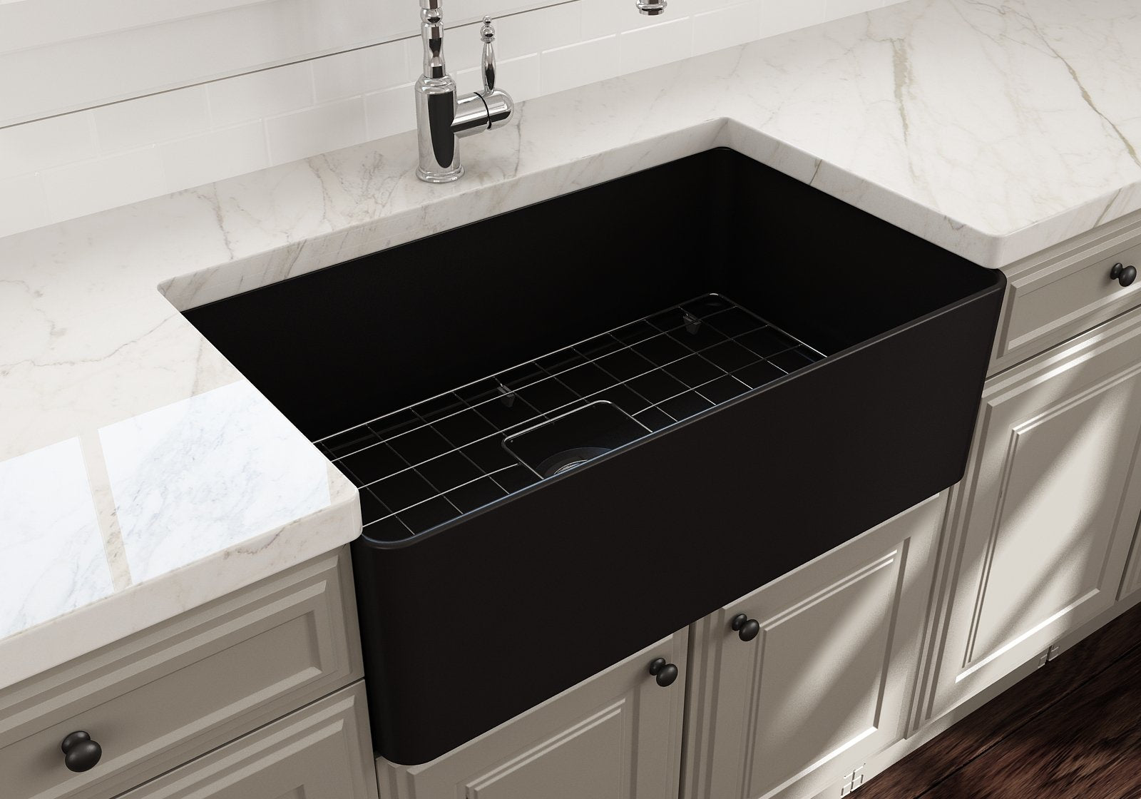 Aderci Ultra-Slim Farmhouse Apron Front Fireclay 30 in. Single Bowl Kitchen Sink with Protective Bottom Grid and Strainer  1481