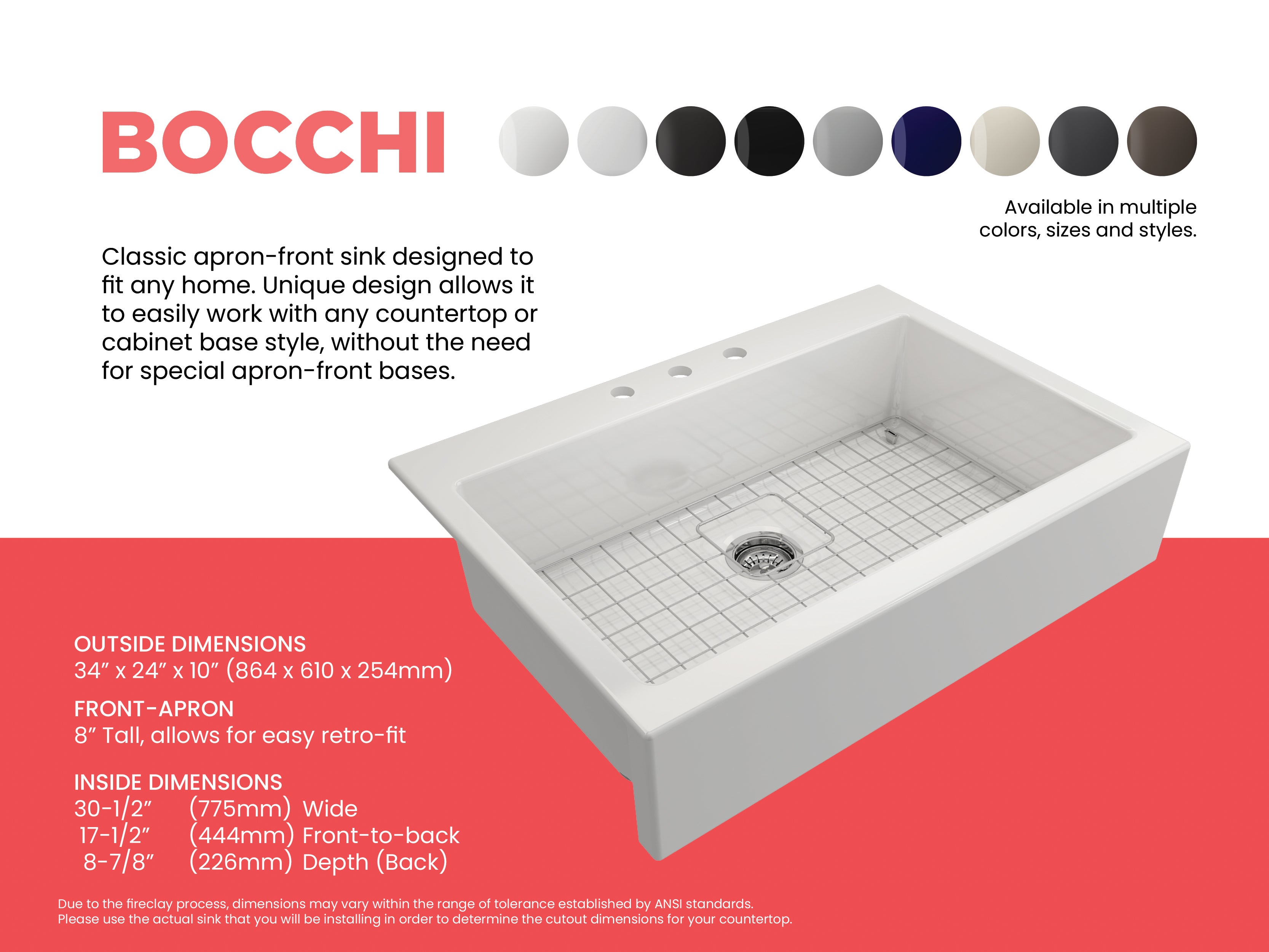 Nuova Apron Front Drop-In Fireclay 34 in. Single Bowl Kitchen Sink with Protective Bottom Grid and Strainer 1500