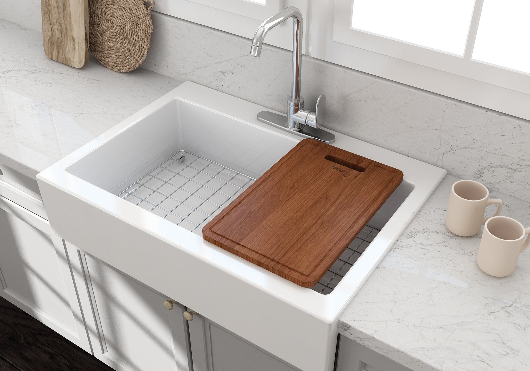 Nuova Apron Front Drop-In Fireclay 34 in. Single Bowl Kitchen Sink with Protective Bottom Grid and Strainer 1500