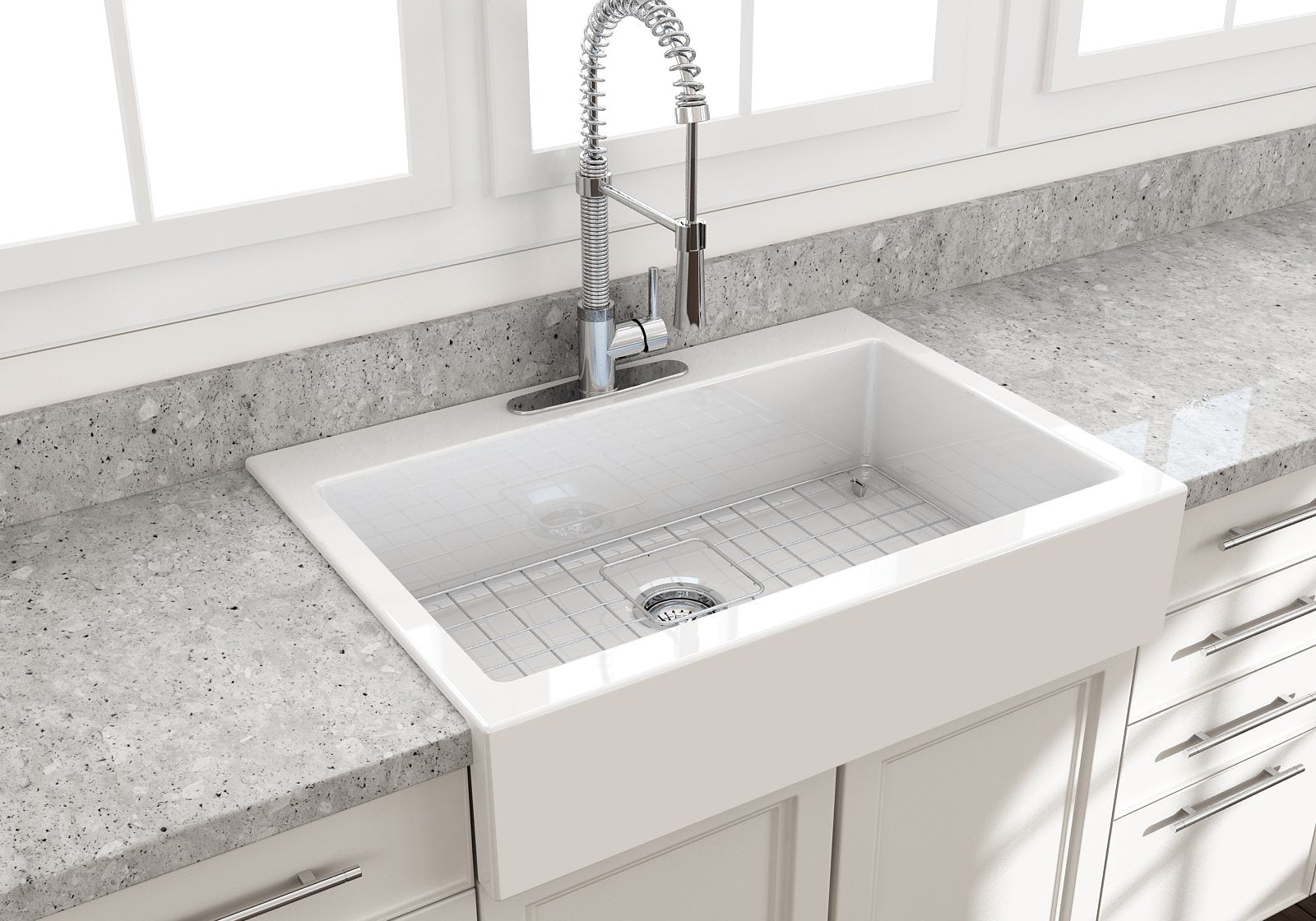 Nuova Apron Front Drop-In Fireclay 34 in. Single Bowl Kitchen Sink with Protective Bottom Grid and Strainer 1500