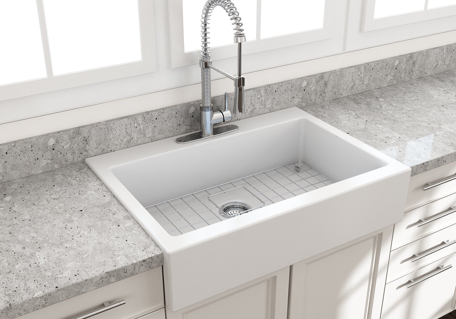Nuova Apron Front Drop-In Fireclay 34 in. Single Bowl Kitchen Sink with Protective Bottom Grid and Strainer 1500
