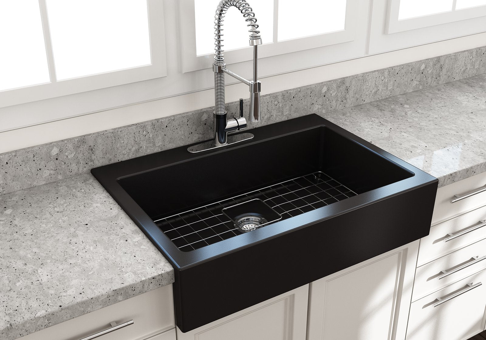 Nuova Apron Front Drop-In Fireclay 34 in. Single Bowl Kitchen Sink with Protective Bottom Grid and Strainer 1500