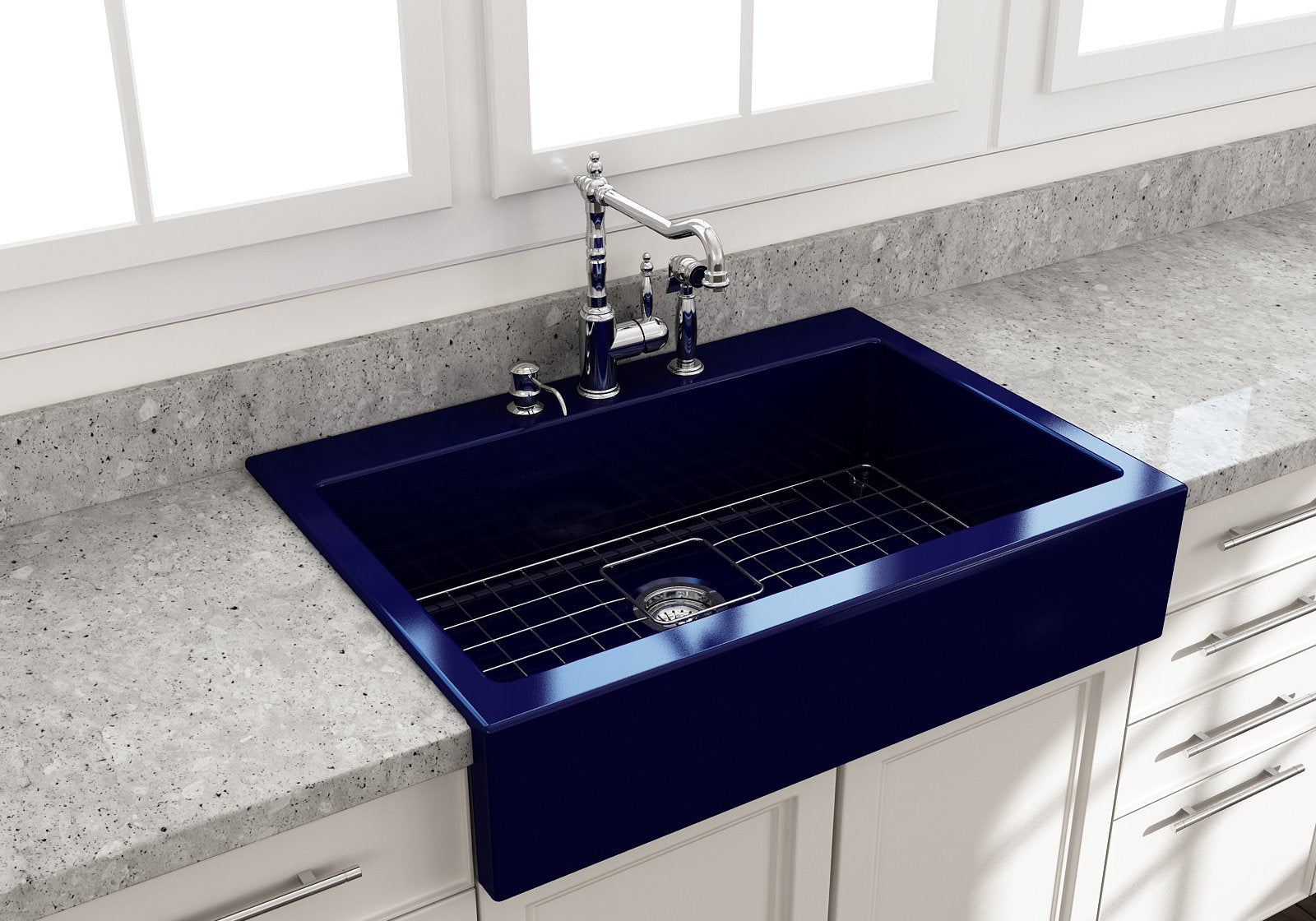 Nuova Apron Front Drop-In Fireclay 34 in. Single Bowl Kitchen Sink with Protective Bottom Grid and Strainer 1500