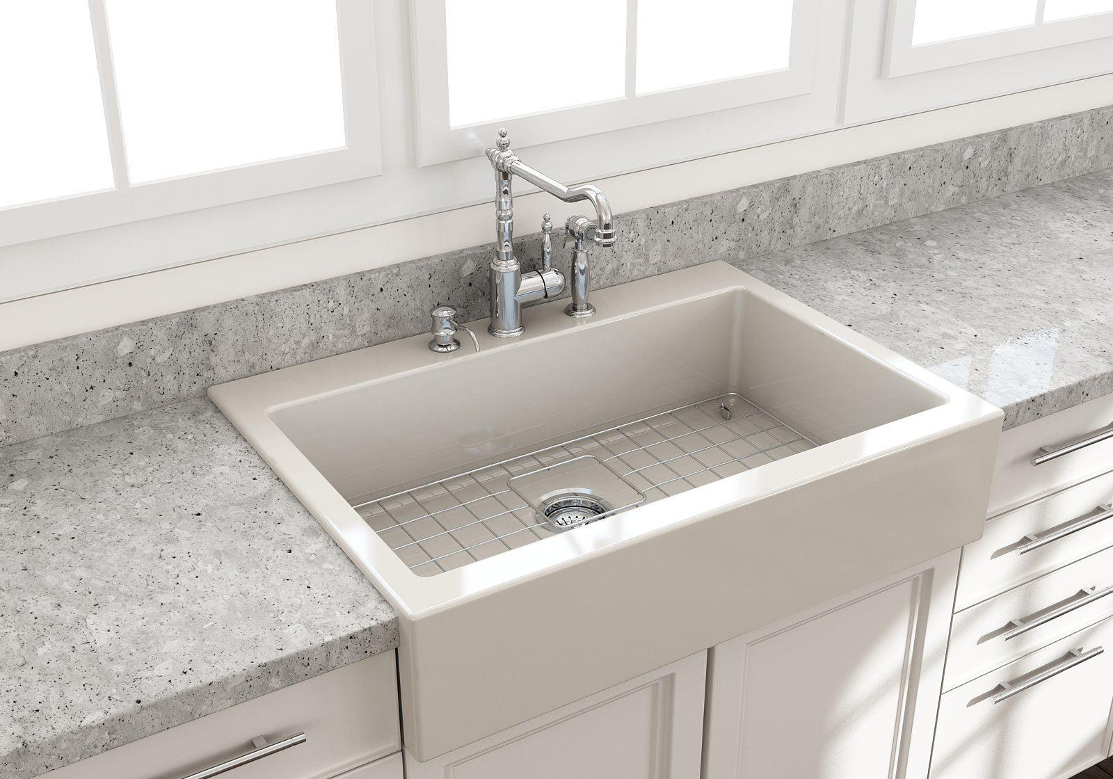 Nuova Apron Front Drop-In Fireclay 34 in. Single Bowl Kitchen Sink with Protective Bottom Grid and Strainer 1500