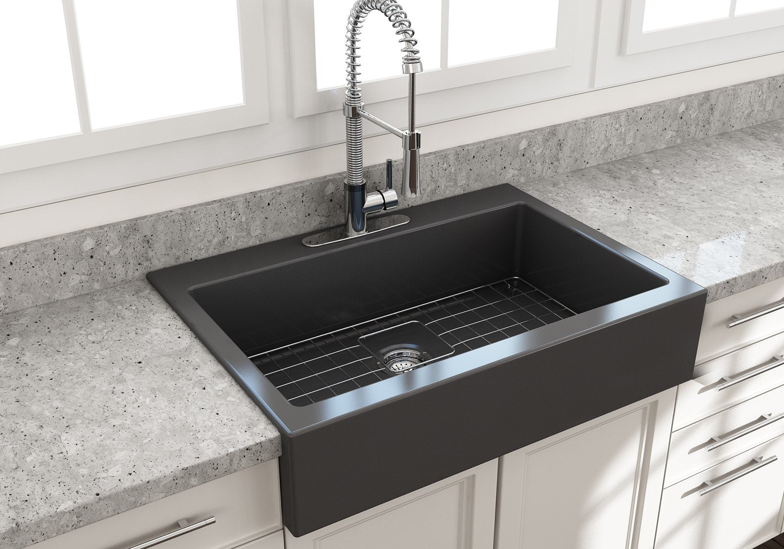 Nuova Apron Front Drop-In Fireclay 34 in. Single Bowl Kitchen Sink with Protective Bottom Grid and Strainer 1500
