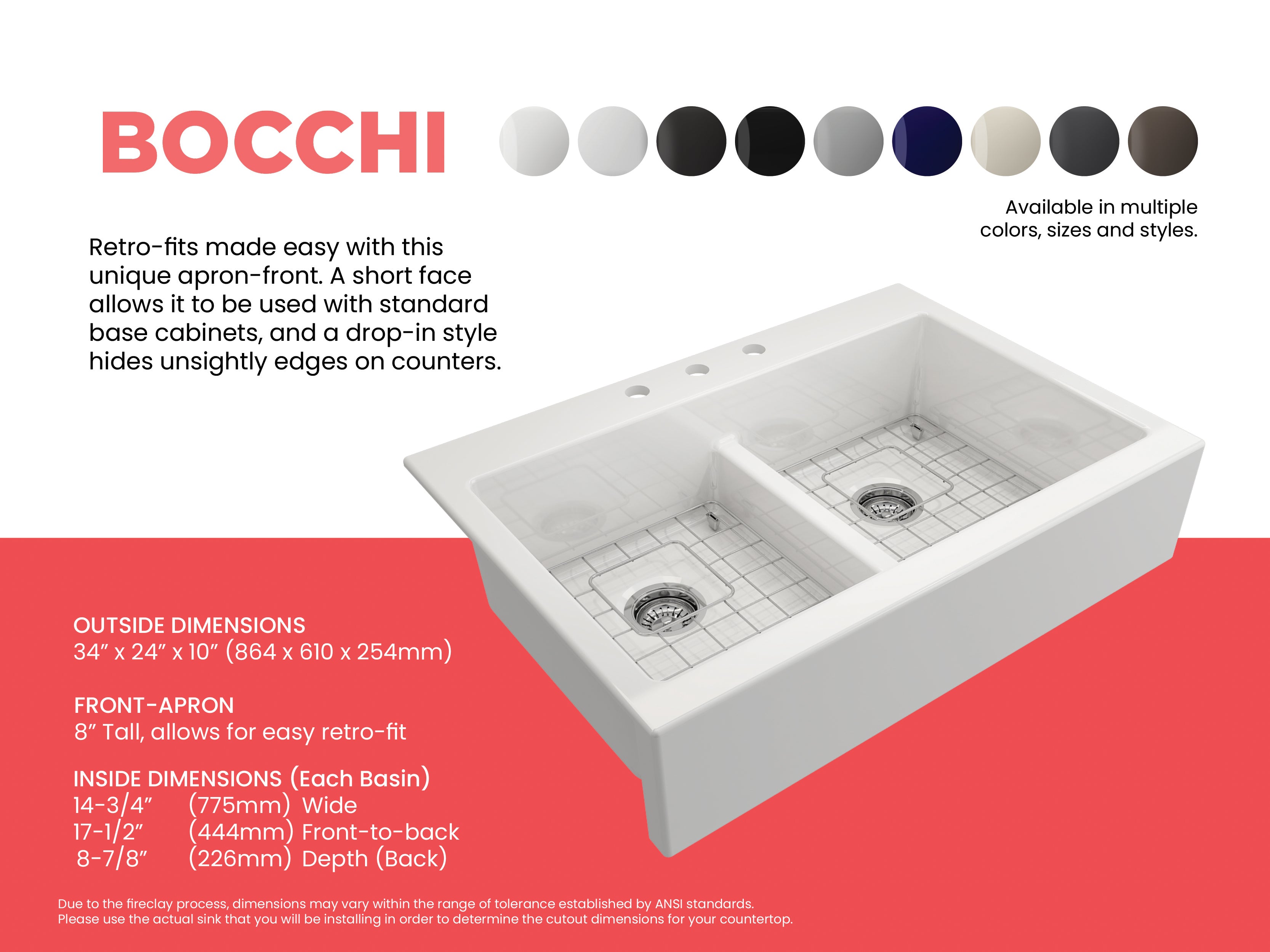 Nuova Apron Front Drop-In Fireclay 34 in. 50/50 Double Bowl Kitchen Sink with Protective Bottom Grids and Strainers 1501