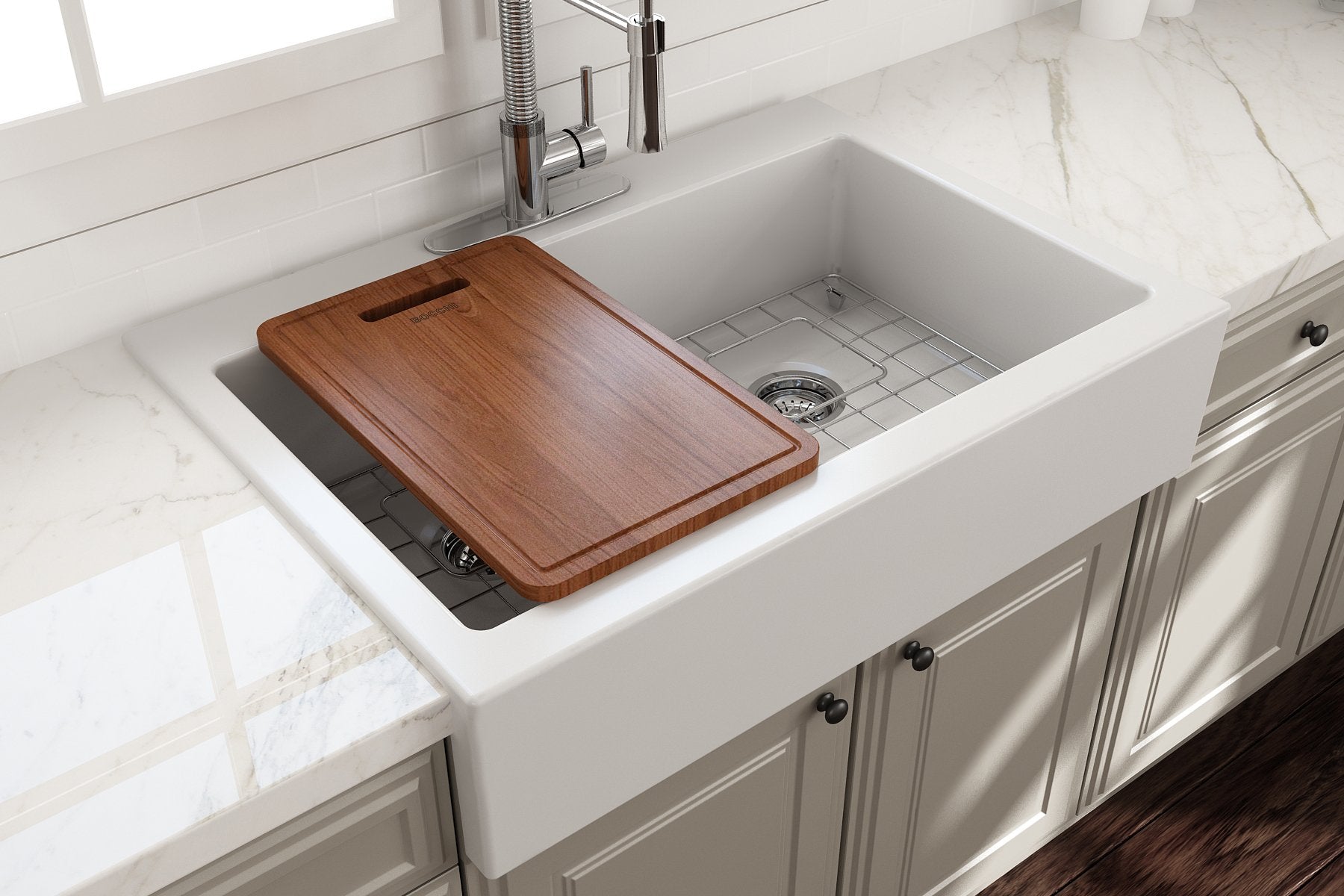 Nuova Apron Front Drop-In Fireclay 34 in. 50/50 Double Bowl Kitchen Sink with Protective Bottom Grids and Strainers 1501