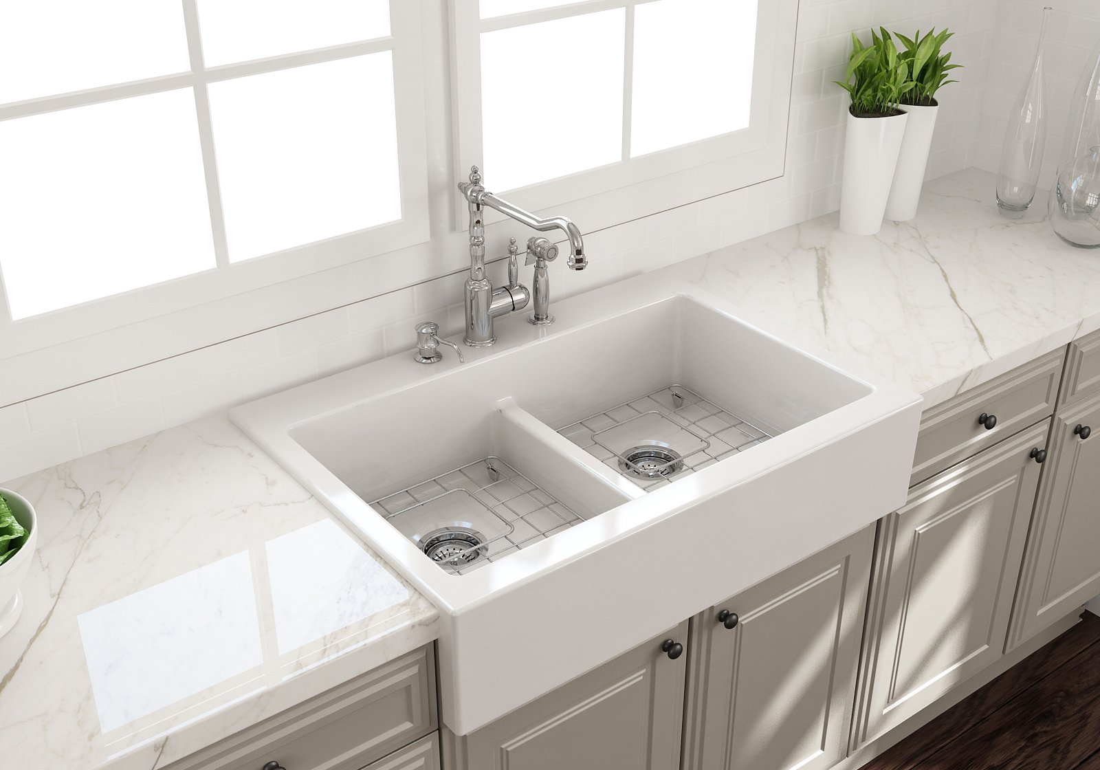 Nuova Apron Front Drop-In Fireclay 34 in. 50/50 Double Bowl Kitchen Sink with Protective Bottom Grids and Strainers 1501