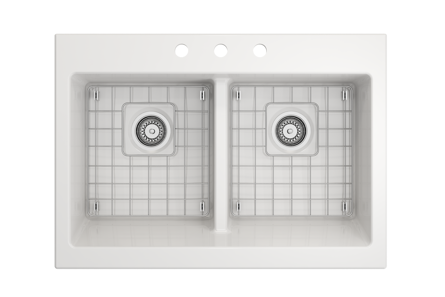 Nuova Apron Front Drop-In Fireclay 34 in. 50/50 Double Bowl Kitchen Sink with Protective Bottom Grids and Strainers 1501