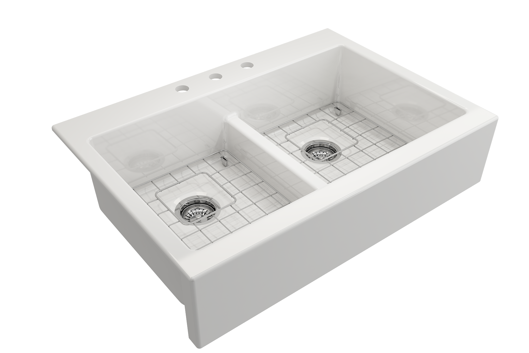 Nuova Apron Front Drop-In Fireclay 34 in. 50/50 Double Bowl Kitchen Sink with Protective Bottom Grids and Strainers 1501
