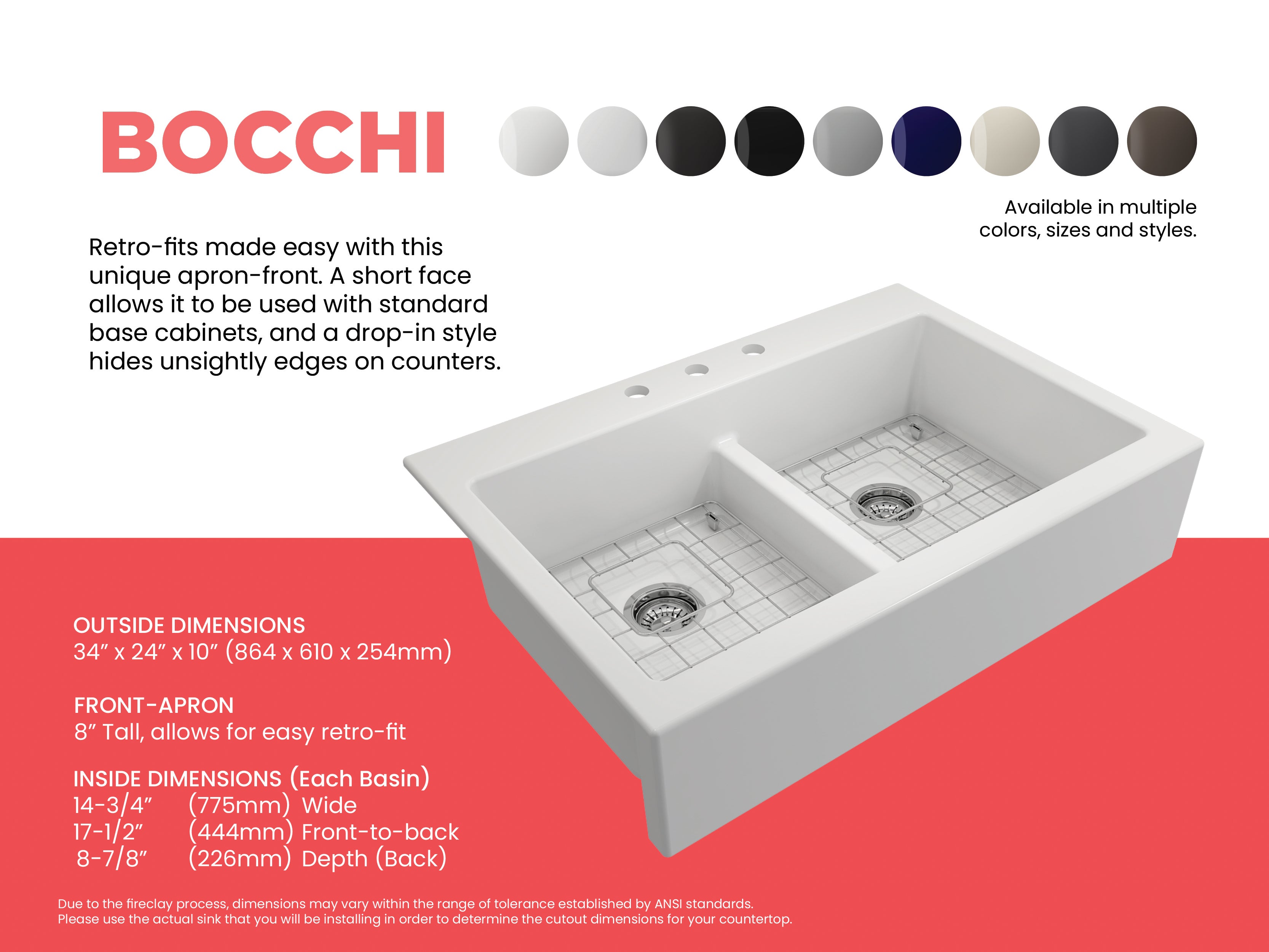 Nuova Apron Front Drop-In Fireclay 34 in. 50/50 Double Bowl Kitchen Sink with Protective Bottom Grids and Strainers 1501