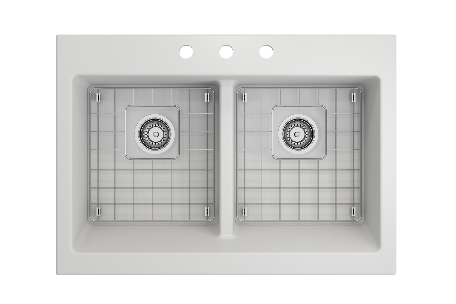 Nuova Apron Front Drop-In Fireclay 34 in. 50/50 Double Bowl Kitchen Sink with Protective Bottom Grids and Strainers 1501