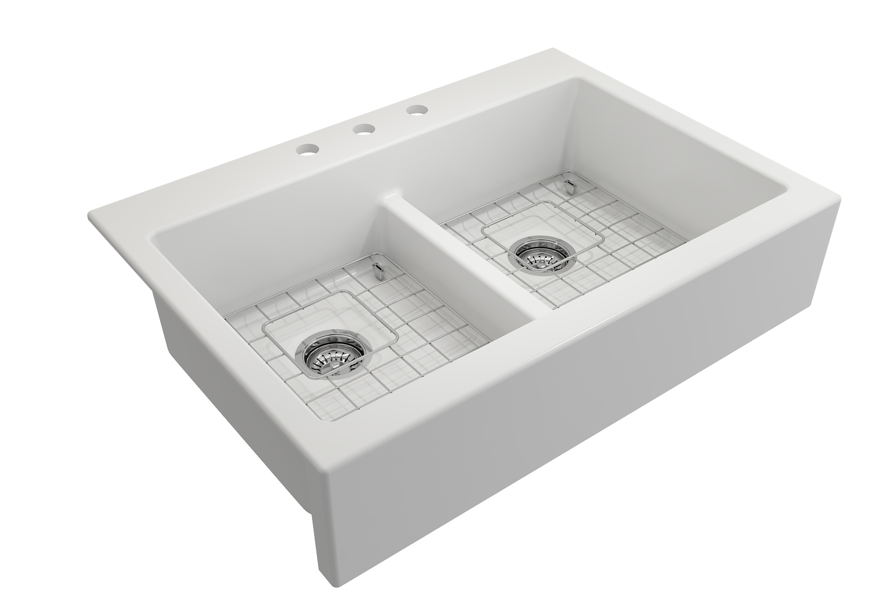 Nuova Apron Front Drop-In Fireclay 34 in. 50/50 Double Bowl Kitchen Sink with Protective Bottom Grids and Strainers 1501