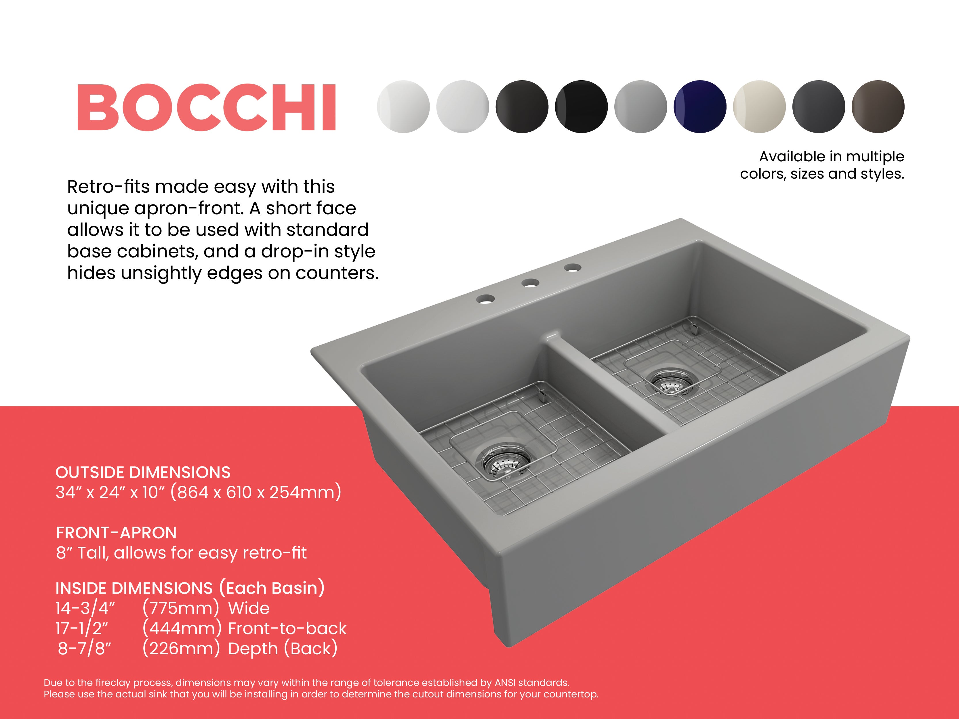 Nuova Apron Front Drop-In Fireclay 34 in. 50/50 Double Bowl Kitchen Sink with Protective Bottom Grids and Strainers 1501