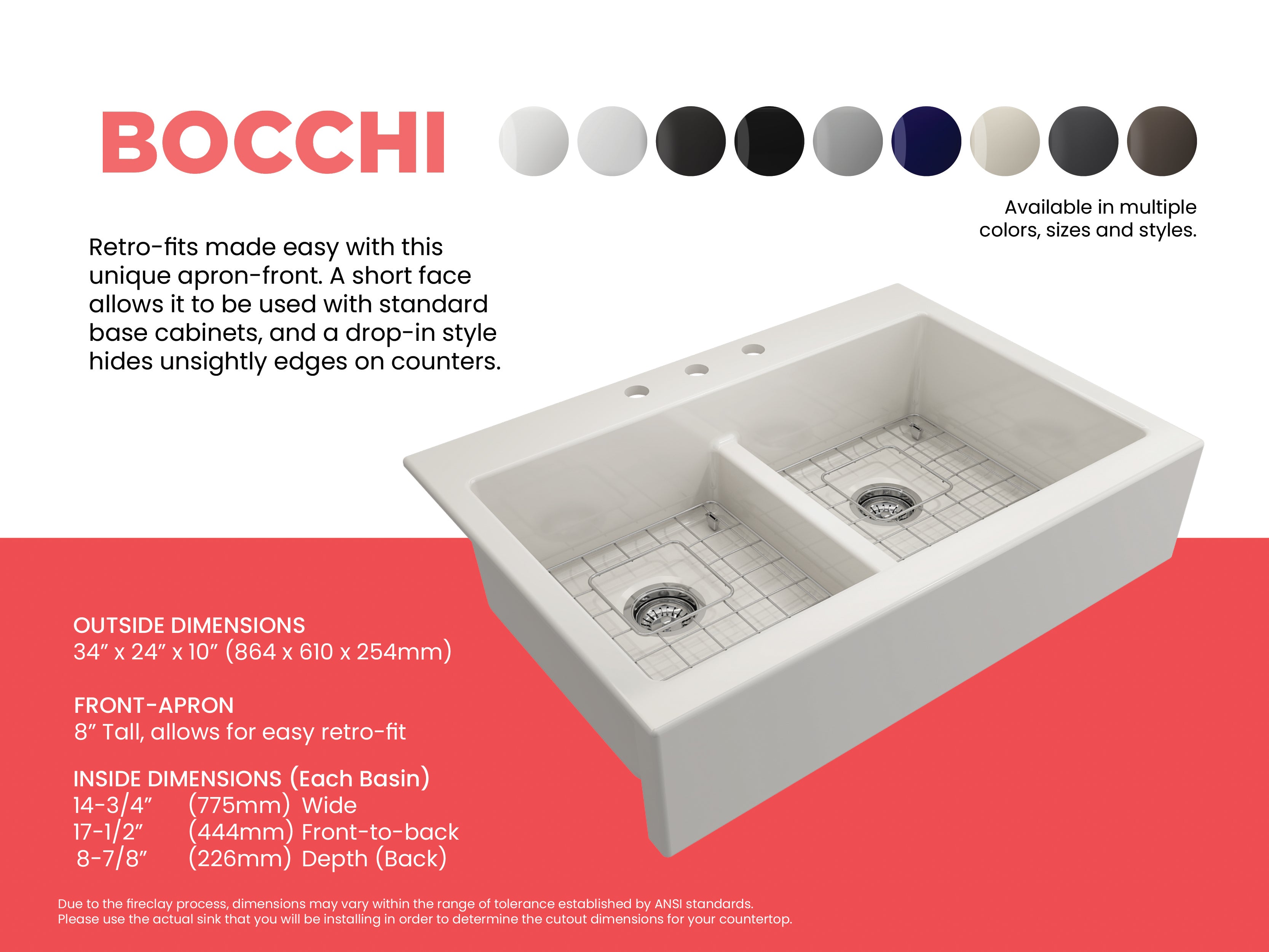 Nuova Apron Front Drop-In Fireclay 34 in. 50/50 Double Bowl Kitchen Sink with Protective Bottom Grids and Strainers 1501