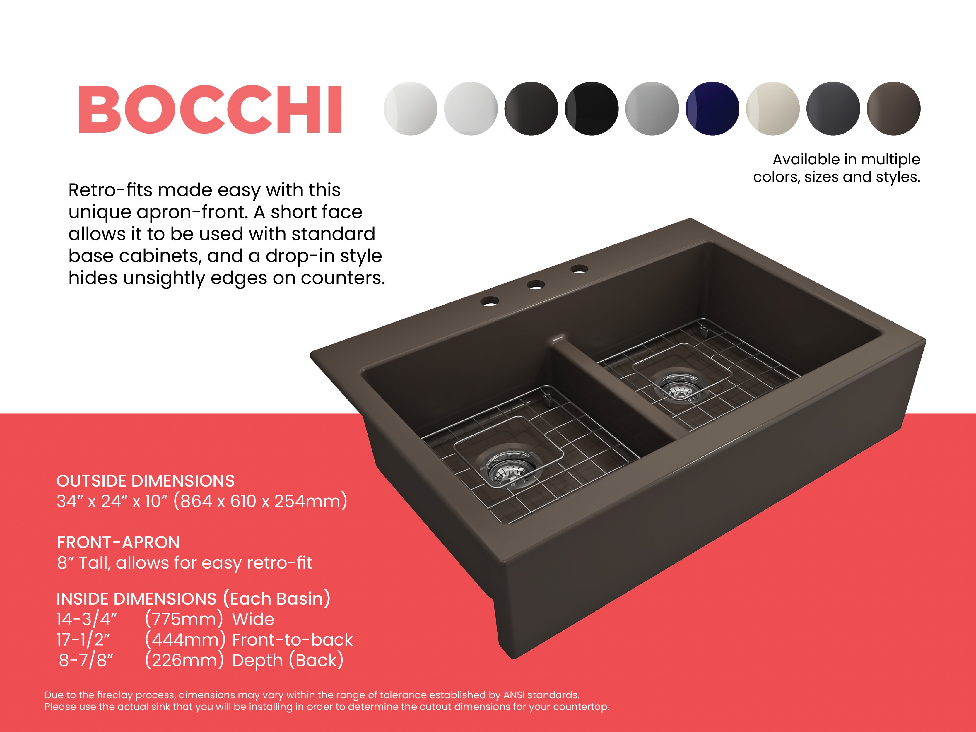 Nuova Apron Front Drop-In Fireclay 34 in. 50/50 Double Bowl Kitchen Sink with Protective Bottom Grids and Strainers 1501