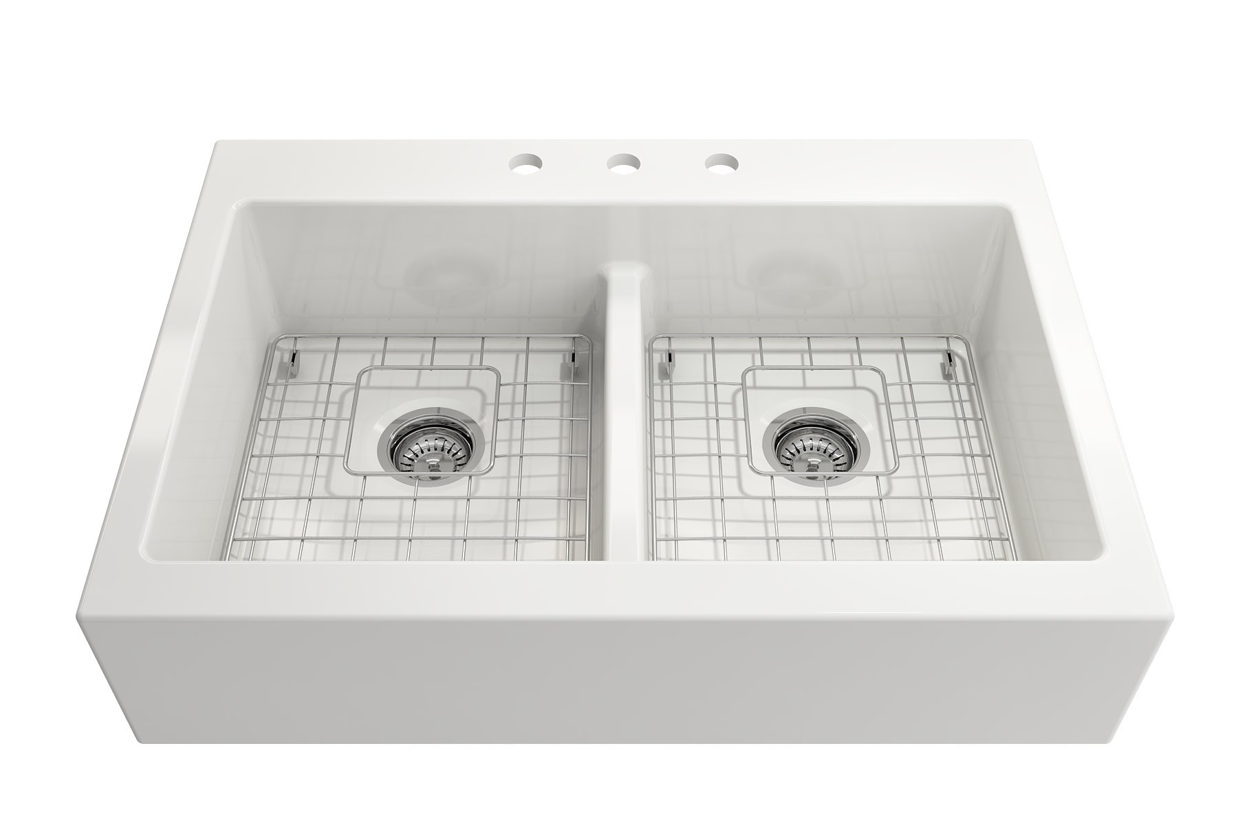 Nuova Apron Front Drop-In Fireclay 34 in. 50/50 Double Bowl Kitchen Sink with Protective Bottom Grids and Strainers 1501