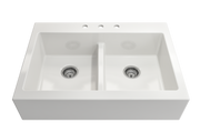 Nuova Apron Front Drop-In Fireclay 34 in. 50/50 Double Bowl Kitchen Sink with Protective Bottom Grids and Strainers 1501