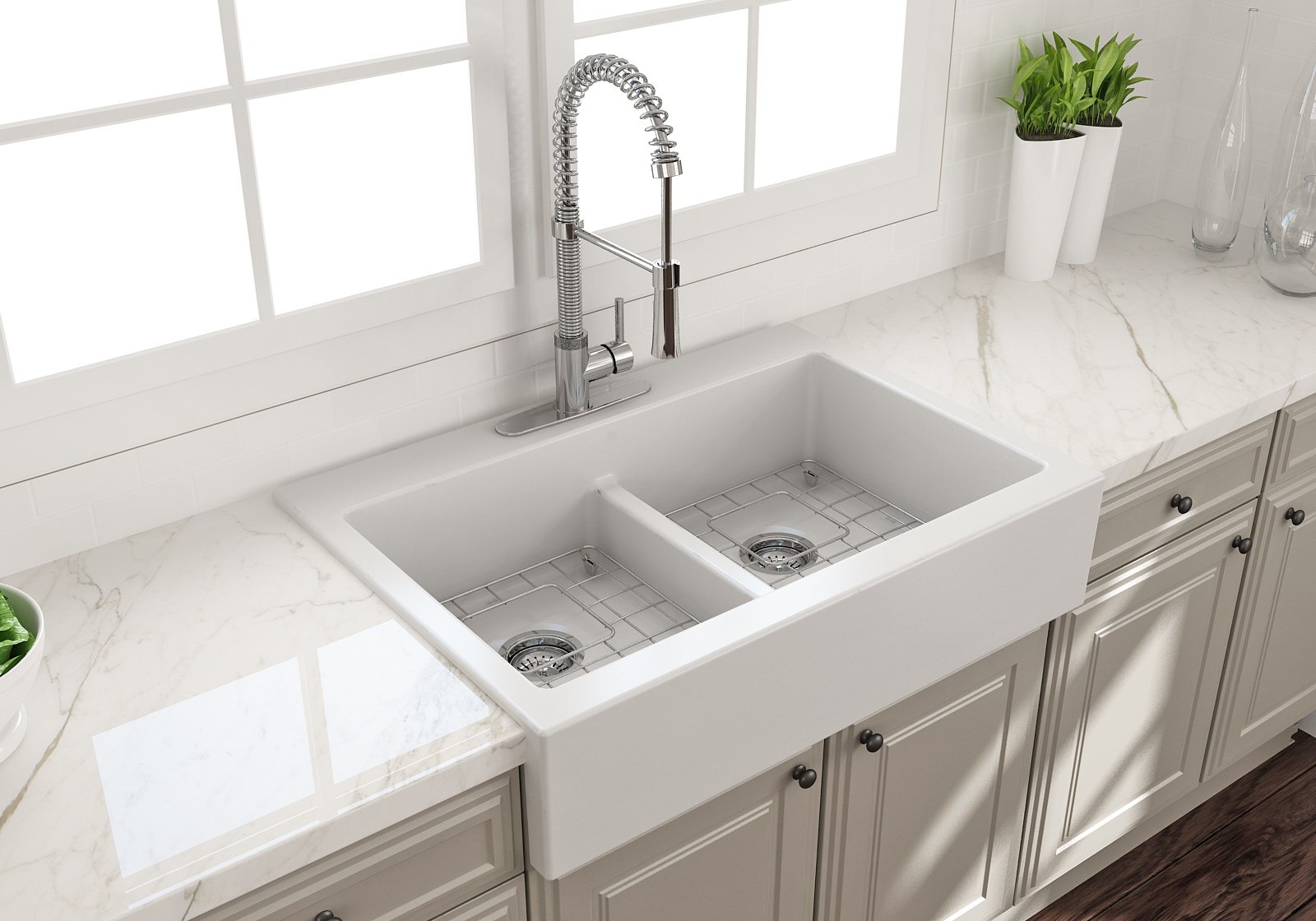 Nuova Apron Front Drop-In Fireclay 34 in. 50/50 Double Bowl Kitchen Sink with Protective Bottom Grids and Strainers 1501