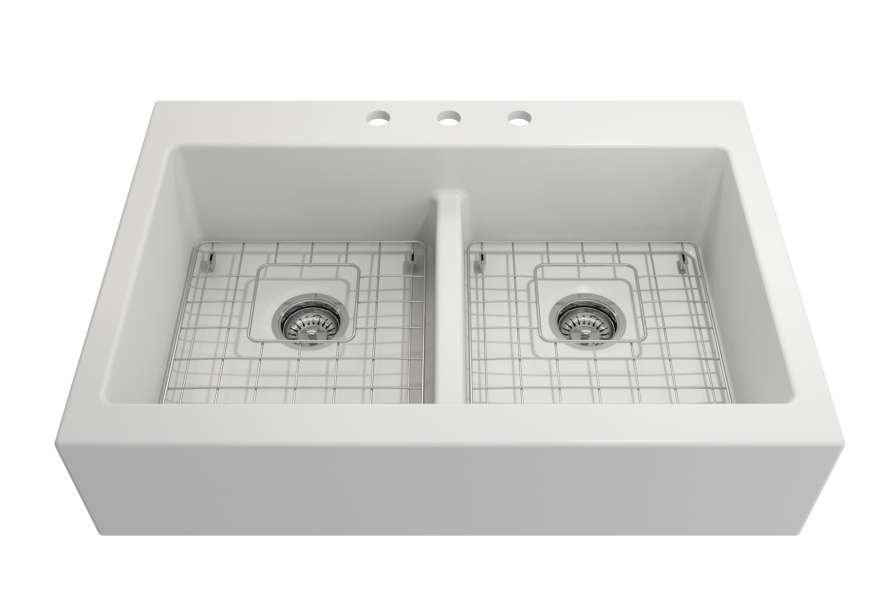 Nuova Apron Front Drop-In Fireclay 34 in. 50/50 Double Bowl Kitchen Sink with Protective Bottom Grids and Strainers 1501